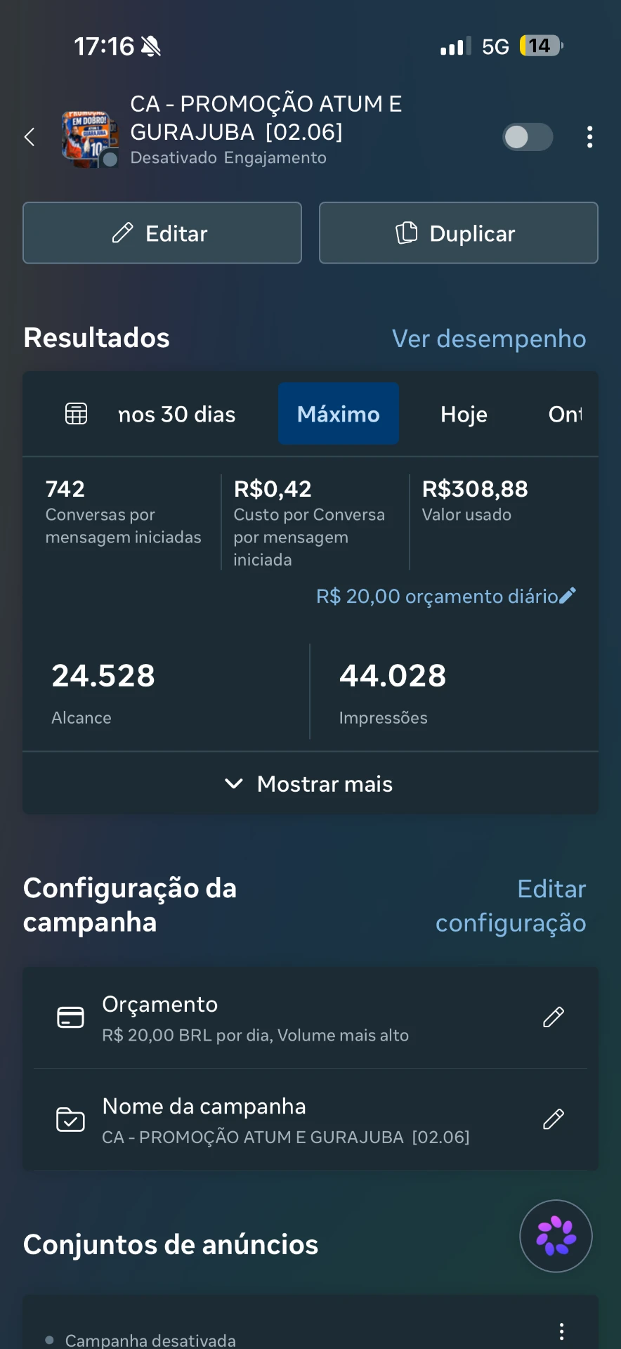 Print do gerenciador de anúncios mostrando crescimento de conversões